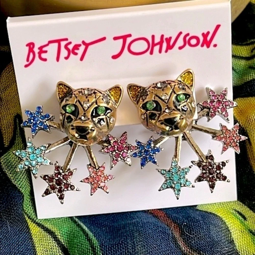Brand New Betsey Johnson Leopard Colorful Stars Front Back Post Earrings Jungle - Picture 3 of 9